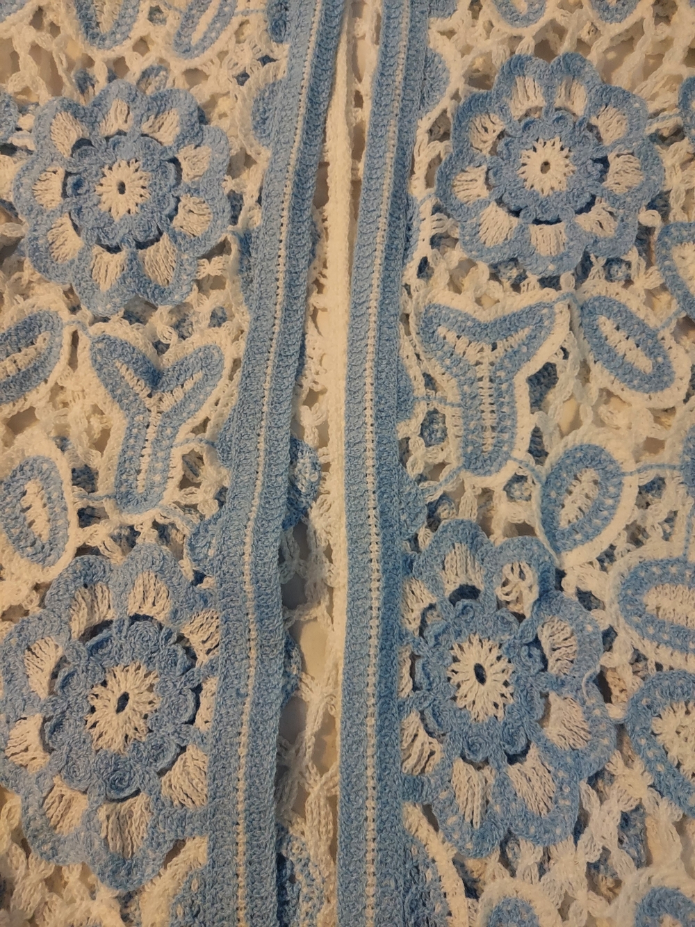 POL Boho Blue White Floral Crochet Open Front Knit Weave Duster Cardigan OS - Picture 7 of 8